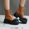 Round Toe Lace Up Platforms Chunky Heels Ankle High Side Zipper Boots  - Yellow Faux Leather