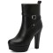 Round Toe Cuban Heels Side Zipper Ankle Highs Decorated Straps Low Platforms Boots - Black Faux Leather