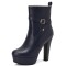 Round Toe Cuban Heels Side Zipper Ankle Highs Decorated Straps Low Platforms Boots - Blue Faux Leather