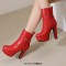 Round Toe Cuban Heels Side Zipper Ankle Highs Decorated Straps Low Platforms Boots - Red Faux Leather
