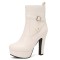 Round Toe Cuban Heels Side Zipper Ankle Highs Decorated Straps Low Platforms Boots - White Faux Leather