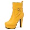 Round Toe Cuban Heels Side Zipper Ankle Highs Decorated Straps Low Platforms Boots - Yellow Faux Leather