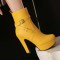 Round Toe Cuban Heels Side Zipper Ankle Highs Decorated Straps Low Platforms Boots - Yellow Faux Leather