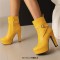 Round Toe Cuban Heels Side Zipper Ankle Highs Decorated Straps Low Platforms Boots - Yellow Faux Leather