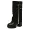 Round Toe Chunky Heels Knee Highs Denim Trends Platforms Boots - Black Faux Leather