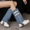 Round Toe Chunky Heels Knee Highs Denim Trends Platforms Boots - Blue Faux Leather