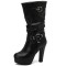 Round Toe Cuban Heels Motorcycle Biker Style Knee Highs Low Platforms Boots - Black Faux Leather