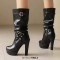 Round Toe Cuban Heels Motorcycle Biker Style Knee Highs Low Platforms Boots - Black Faux Leather
