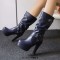 Round Toe Cuban Heels Motorcycle Biker Style Knee Highs Low Platforms Boots - Blue Faux Leather