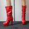 Round Toe Cuban Heels Motorcycle Biker Style Knee Highs Low Platforms Boots - Red Faux Leather