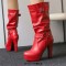 Round Toe Cuban Heels Motorcycle Biker Style Knee Highs Low Platforms Boots - Red Faux Leather