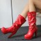 Round Toe Cuban Heels Motorcycle Biker Style Knee Highs Low Platforms Boots - Red Faux Leather