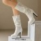 Round Toe Cuban Heels Motorcycle Biker Style Knee Highs Low Platforms Boots - White Faux Leather