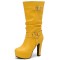 Round Toe Cuban Heels Motorcycle Biker Style Knee Highs Low Platforms Boots - Yellow Faux Leather