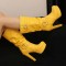 Round Toe Cuban Heels Motorcycle Biker Style Knee Highs Low Platforms Boots - Yellow Faux Leather