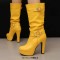 Round Toe Cuban Heels Motorcycle Biker Style Knee Highs Low Platforms Boots - Yellow Faux Leather