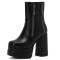 Square Toe Chunky Heels Side Zipper Ankle Highs Double Platforms Boots - Black Faux Leather