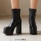 Square Toe Chunky Heels Side Zipper Ankle Highs Double Platforms Boots - Black Faux Leather