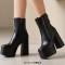 Square Toe Chunky Heels Side Zipper Ankle Highs Double Platforms Boots - Black Faux Leather
