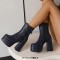 Square Toe Chunky Heels Side Zipper Ankle Highs Double Platforms Boots - Blue Faux Leather