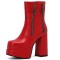 Square Toe Chunky Heels Side Zipper Ankle Highs Double Platforms Boots - Red Faux Leather