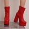 Square Toe Chunky Heels Side Zipper Ankle Highs Double Platforms Boots - Red Faux Leather
