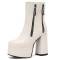 Square Toe Chunky Heels Side Zipper Ankle Highs Double Platforms Boots - White Faux Leather