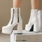 Square Toe Chunky Heels Side Zipper Ankle Highs Double Platforms Boots - White Faux Leather