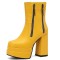 Square Toe Chunky Heels Side Zipper Ankle Highs Double Platforms Boots - Yellow Faux Leather