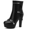 Round Toe Cuban Heels Side Zipper Ankle Highs Rivets Low Platforms Boots - Black Faux Leather