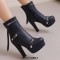 Round Toe Cuban Heels Side Zipper Ankle Highs Rivets Low Platforms Boots - Blue Faux Leather