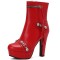 Round Toe Cuban Heels Side Zipper Ankle Highs Rivets Low Platforms Boots - Red Faux Leather