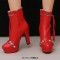 Round Toe Cuban Heels Side Zipper Ankle Highs Rivets Low Platforms Boots - Red Faux Leather