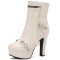 Round Toe Cuban Heels Side Zipper Ankle Highs Rivets Low Platforms Boots - White Faux Leather
