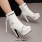 Round Toe Cuban Heels Side Zipper Ankle Highs Rivets Low Platforms Boots - White Faux Leather