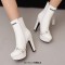 Round Toe Cuban Heels Side Zipper Ankle Highs Rivets Low Platforms Boots - White Faux Leather