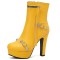 Round Toe Cuban Heels Side Zipper Ankle Highs Rivets Low Platforms Boots - Yellow Faux Leather