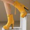 Round Toe Cuban Heels Side Zipper Ankle Highs Rivets Low Platforms Boots - Yellow Faux Leather