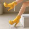 Round Toe Cuban Heels Side Zipper Ankle Highs Rivets Low Platforms Boots - Yellow Faux Leather