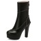 Round Toe Cuban Heels Sexy Decorated Zipper Low Platforms Boots - Black Faux Leather
