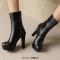 Round Toe Cuban Heels Sexy Decorated Zipper Low Platforms Boots - Black Faux Leather