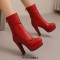 Round Toe Cuban Heels Sexy Decorated Zipper Low Platforms Boots - Red Faux Leather