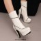 Round Toe Cuban Heels Sexy Decorated Zipper Low Platforms Boots - White Faux Leather
