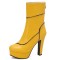 Round Toe Cuban Heels Sexy Decorated Zipper Low Platforms Boots - Yellow Faux Leather