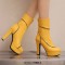 Round Toe Cuban Heels Sexy Decorated Zipper Low Platforms Boots - Yellow Faux Leather