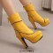 Round Toe Cuban Heels Sexy Decorated Zipper Low Platforms Boots - Yellow Faux Leather