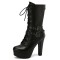 Round Toe Cuban Heels Decorated Straps with Lace Up Back Zipper Low Platforms Boots - Black Faux Leather