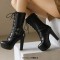 Round Toe Cuban Heels Decorated Straps with Lace Up Back Zipper Low Platforms Boots - Black Faux Leather