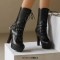 Round Toe Cuban Heels Decorated Straps with Lace Up Back Zipper Low Platforms Boots - Black Faux Leather