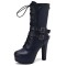Round Toe Cuban Heels Decorated Straps with Lace Up Back Zipper Low Platforms Boots - Blue Faux Leather